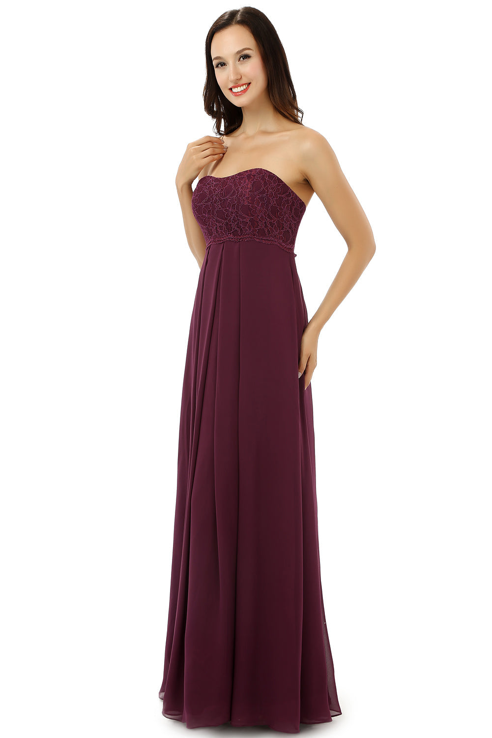 Prom Dress With Long Sleeves, Burgundy Chiffon Lace Sweetheart High Waist Bridesmaid Dresses