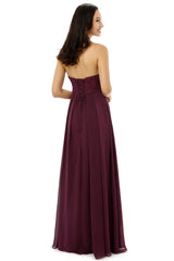 Prom Dresses With Long Sleeves, Burgundy Chiffon Lace Sweetheart High Waist Bridesmaid Dresses