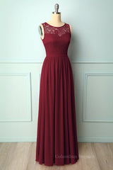 Homecoming Dress, Burgundy Chiffon Long Bridesmaid Dress with Lace Top