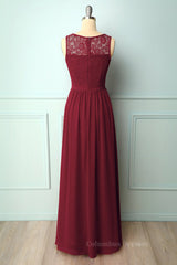 Satin Dress, Burgundy Chiffon Long Bridesmaid Dress with Lace Top