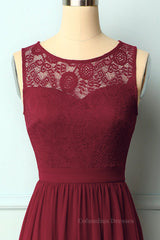 Wedding Guest Outfit, Burgundy Chiffon Long Bridesmaid Dress with Lace Top