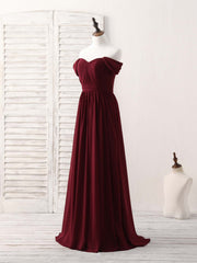 Winter Formal, Burgundy Chiffon Off Shoulder Long Prom Dress Burgundy Bridesmaid Dress