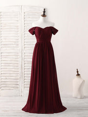 Silk Wedding Dress, Burgundy Chiffon Off Shoulder Long Prom Dress Burgundy Bridesmaid Dress