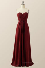 Prom Dresses With Short, Burgundy Chiffon Sweetheart A-line Long Dress