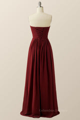 Prom Dresses With Shorts, Burgundy Chiffon Sweetheart A-line Long Dress