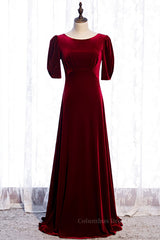 Homecoming Dresses Laces, Burgundy Deep V Back Sleeves Scoop Neck Maxi Formal Dress