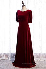 Homecoming Dresses Silk, Burgundy Deep V Back Sleeves Scoop Neck Maxi Formal Dress
