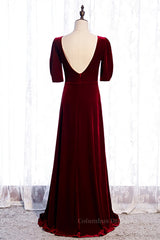 Homecoming Dresses Tight, Burgundy Deep V Back Sleeves Scoop Neck Maxi Formal Dress