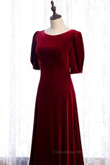 Homecoming Dresses 2046, Burgundy Deep V Back Sleeves Scoop Neck Maxi Formal Dress