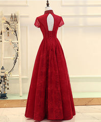 Homecoming Dresses Fitted, Burgundy High Low Lace Long Prom Dress, Burgundy Evening Dress