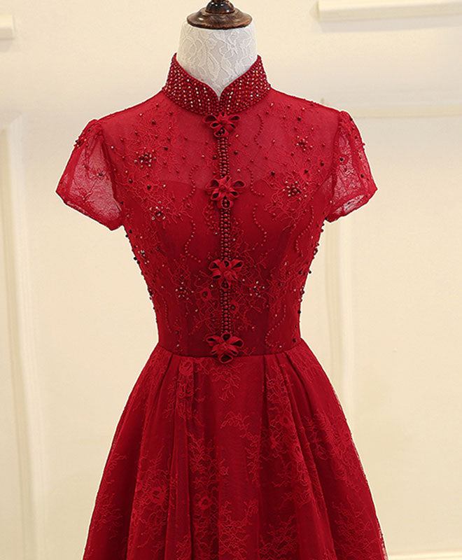 Homecomming Dresses Fitted, Burgundy High Low Lace Long Prom Dress, Burgundy Evening Dress