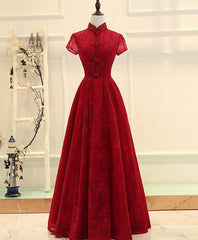 Homecoming Dress Fitted, Burgundy High Low Lace Long Prom Dress, Burgundy Evening Dress