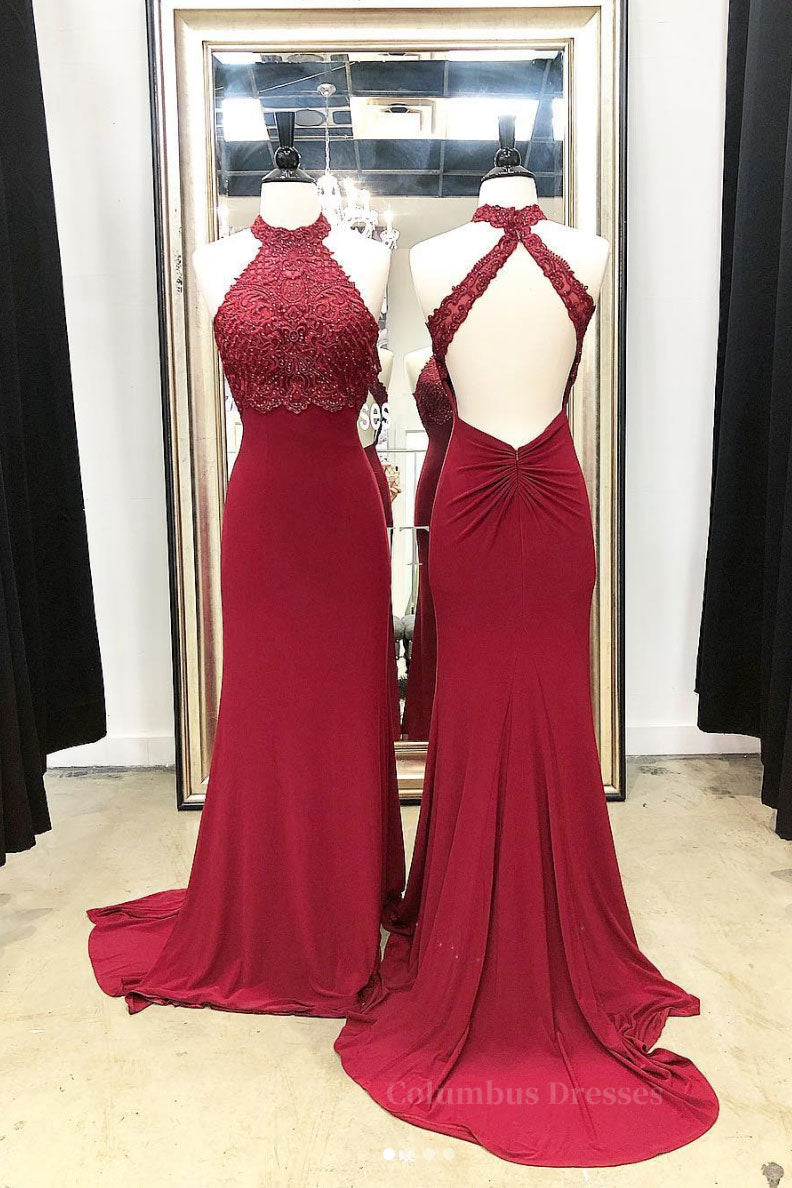 Formal Dresses Simple, Burgundy high neck lace mermaid long prom dress, lace evening dress