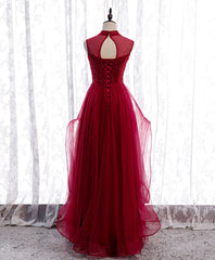 Satin Bridesmaid Dress, Burgundy High Neck Tulle Sequin Beads Long Evening Dresses