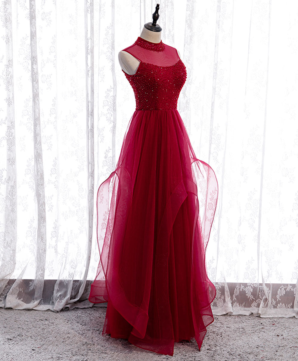 Wedding Party Dress, Burgundy High Neck Tulle Sequin Beads Long Evening Dresses