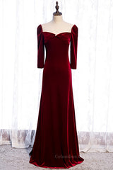 Homecomming Dresses Red, Burgundy Illusion Neck Long Sleeves Pleated Maxi Formal Dress with Pearl