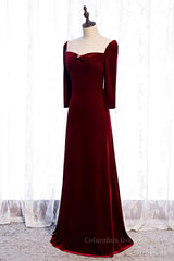 Homecomeing Dresses Red, Burgundy Illusion Neck Long Sleeves Pleated Maxi Formal Dress with Pearl