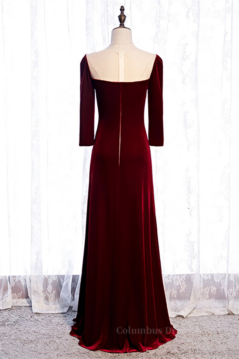 Homecoming Dress Red, Burgundy Illusion Neck Long Sleeves Pleated Maxi Formal Dress with Pearl