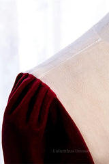 Homecoming Dress Fitted, Burgundy Illusion Neck Long Sleeves Pleated Maxi Formal Dress with Pearl