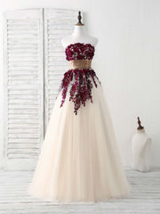 Prom Dresses Ball Gowns, Burgundy Lace Applique Tulle Long Prom Dress Burgundy Bridesmaid Dress
