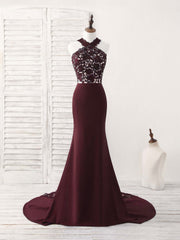 Prom Dress Open Back, Burgundy Lace Mermaid Long Prom Dress Burgundy Bridesmaid Dress