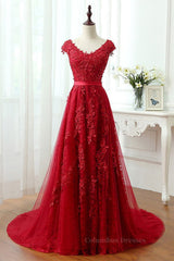 Bridesmaid Dresses Dusty Rose, Burgundy Lace Prom Dresses with Train, Wine Red Lace Formal Evening Dresses