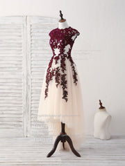 Prom Dresses 05, Burgundy Lace Tulle High Low Prom Dress Burgundy Bridesmaid Dress