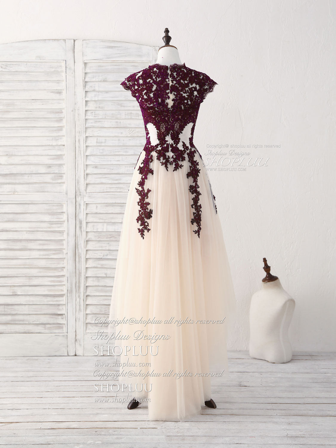 Prom Dress 05, Burgundy Lace Tulle High Low Prom Dress Burgundy Bridesmaid Dress
