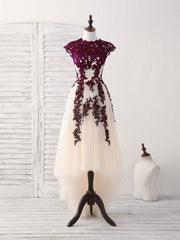Prom Dress Sleeves, Burgundy Lace Tulle High Low Prom Dress Burgundy Bridesmaid Dress