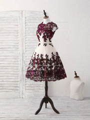Prom Dresses Off Shoulder, Burgundy Lace Tulle Short Prom Dress Burgundy Bridesmaid Dress