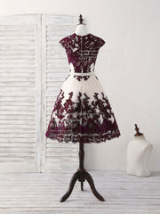 Prom Dress Off Shoulder, Burgundy Lace Tulle Short Prom Dress Burgundy Bridesmaid Dress