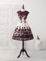 Prom Dress Floral, Burgundy Lace Tulle Short Prom Dress Burgundy Bridesmaid Dress