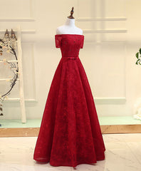 Prom Dresses Photos Gallery, Burgundy Line  Lace Long Prom Dress, Burgundy Evening Dress