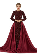 Long Gown, Long sleeve Sequin Prom Dresses with Detachable Skirt