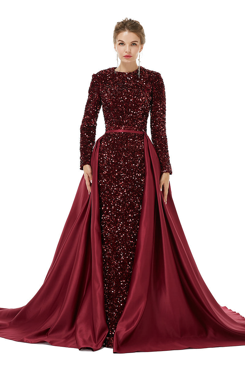 Wedding Guest Dress Summer, Long sleeve Sequin Prom Dresses with Detachable Skirt