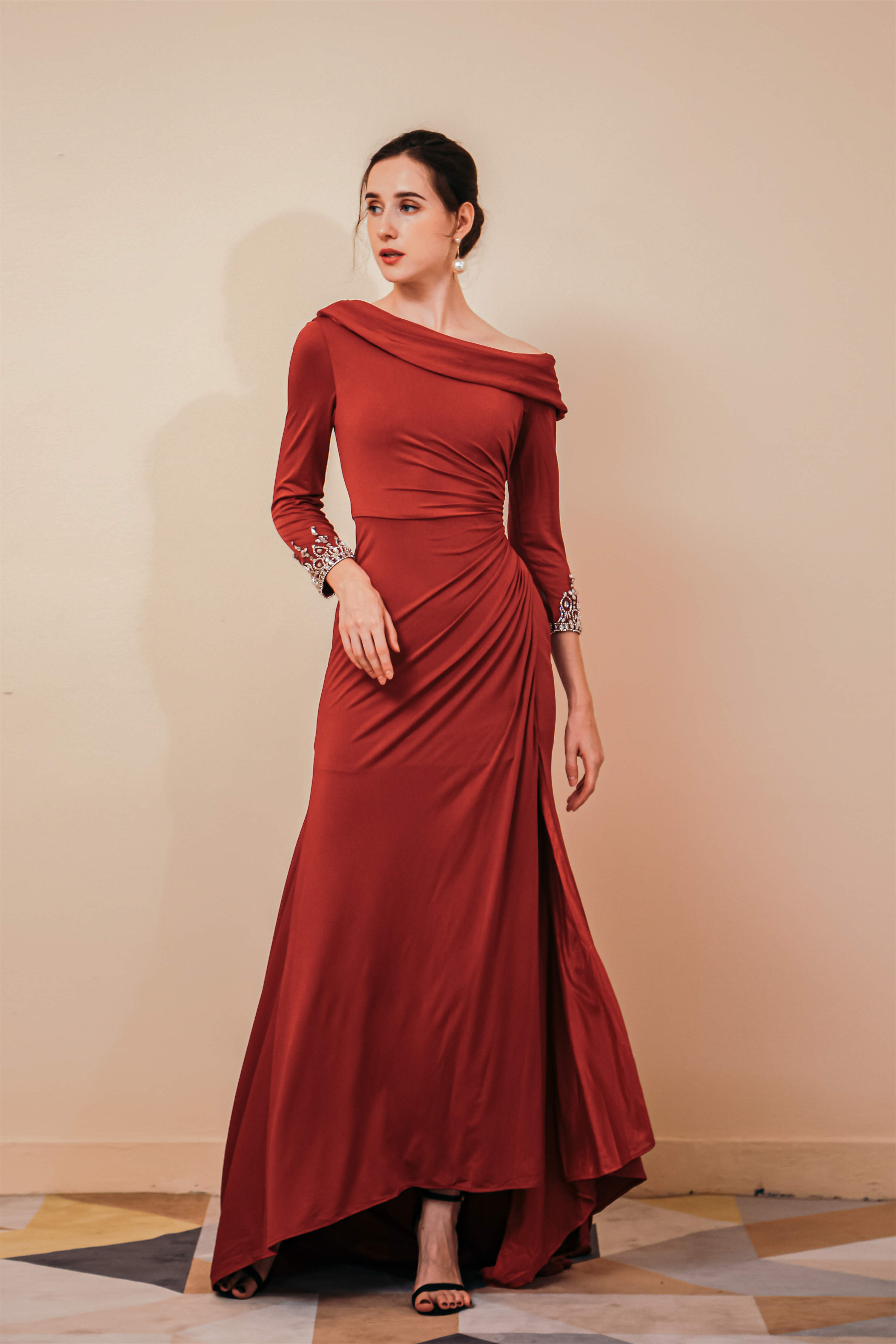 Party Dress After Wedding, Long Sleeves Mermaid Burgundy Long Mother of the Bride Dresses