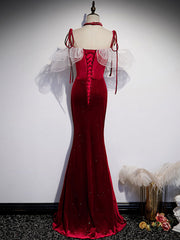 Prom Dresses Elegant, Burgundy Mermaid Long Prom Dress, Velvet Long Formal Dresses