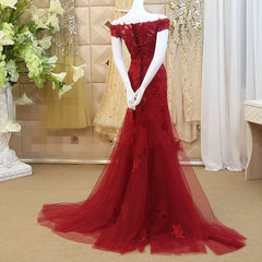 Homecomming Dresses Black, Burgundy Mermaid Tulle Evening Gown with Lace Applique, Off Shoulder Prom Dress