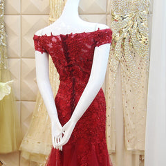 Homecoming Dresses Pink, Burgundy Mermaid Tulle Evening Gown with Lace Applique, Off Shoulder Prom Dress