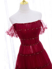 Prom Dresses Guide, Burgundy Off Shoulder Long Prom Dress, Burgundy Formal Dress with Beading Sequin