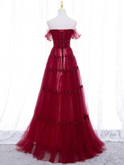 Prom Dress Guide, Burgundy Off Shoulder Long Prom Dress, Burgundy Formal Dress with Beading Sequin