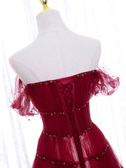 Prom Dress Ideas 2027, Burgundy Off Shoulder Long Prom Dress, Burgundy Formal Dress with Beading Sequin
