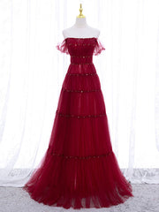 Prom Dresses Chiffon, Burgundy Off Shoulder Long Prom Dress, Burgundy Formal Dress with Beading Sequin
