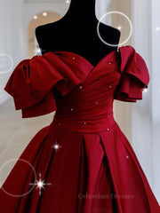 Prom Dresses Casual, Burgundy off shoulder satin long prom dress, burgundy evening dress
