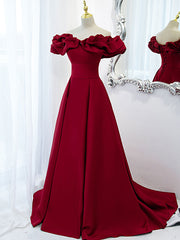 Prom Dresses Style, Burgundy Off Shoulder Satin Long Prom Dress, Burgundy Formal Evening Dress
