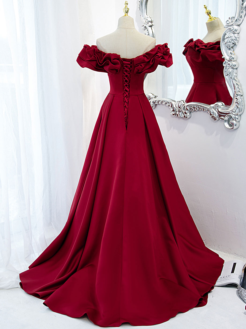 Prom Dress Style, Burgundy Off Shoulder Satin Long Prom Dress, Burgundy Formal Evening Dress
