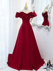 Prom Dress Styles, Burgundy Off Shoulder Satin Long Prom Dress, Burgundy Formal Evening Dress