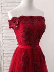 Prom Dress Vintage, Burgundy Off Shoulder Tulle Lace Applique Long Prom Dress, Evening Dress