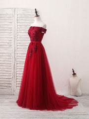 Prom Dresses Prom Dresses, Burgundy Off Shoulder Tulle Lace Applique Long Prom Dress, Evening Dress
