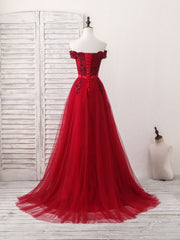 Prom Dresses Prom Dress, Burgundy Off Shoulder Tulle Lace Applique Long Prom Dress, Evening Dress